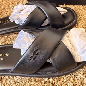 kate spade Black Crossband Leather Slide Sandals
